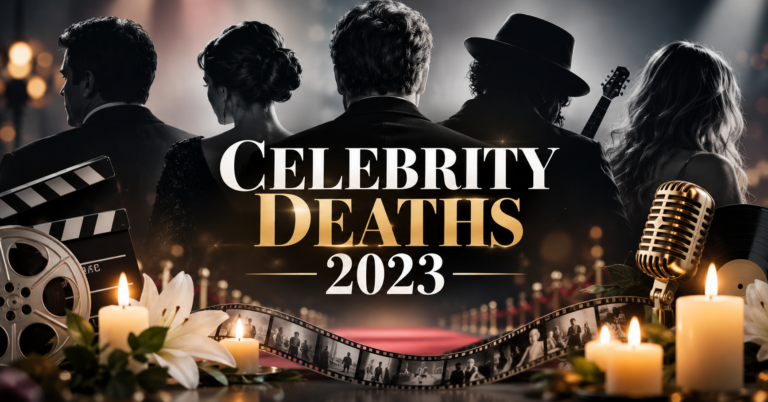 Celebrity deaths 2023 – a respectful memorial image honoring famous actors, musicians, and stars who passed away